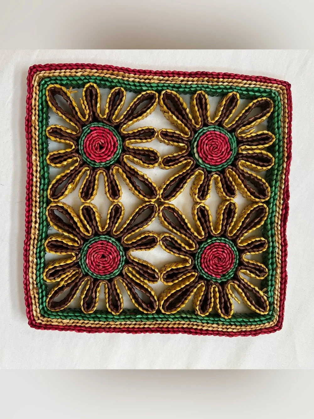 Woven Rattan Trivet Raffia Wicker Straw Colorful Hot Pads Boho Vintage Square